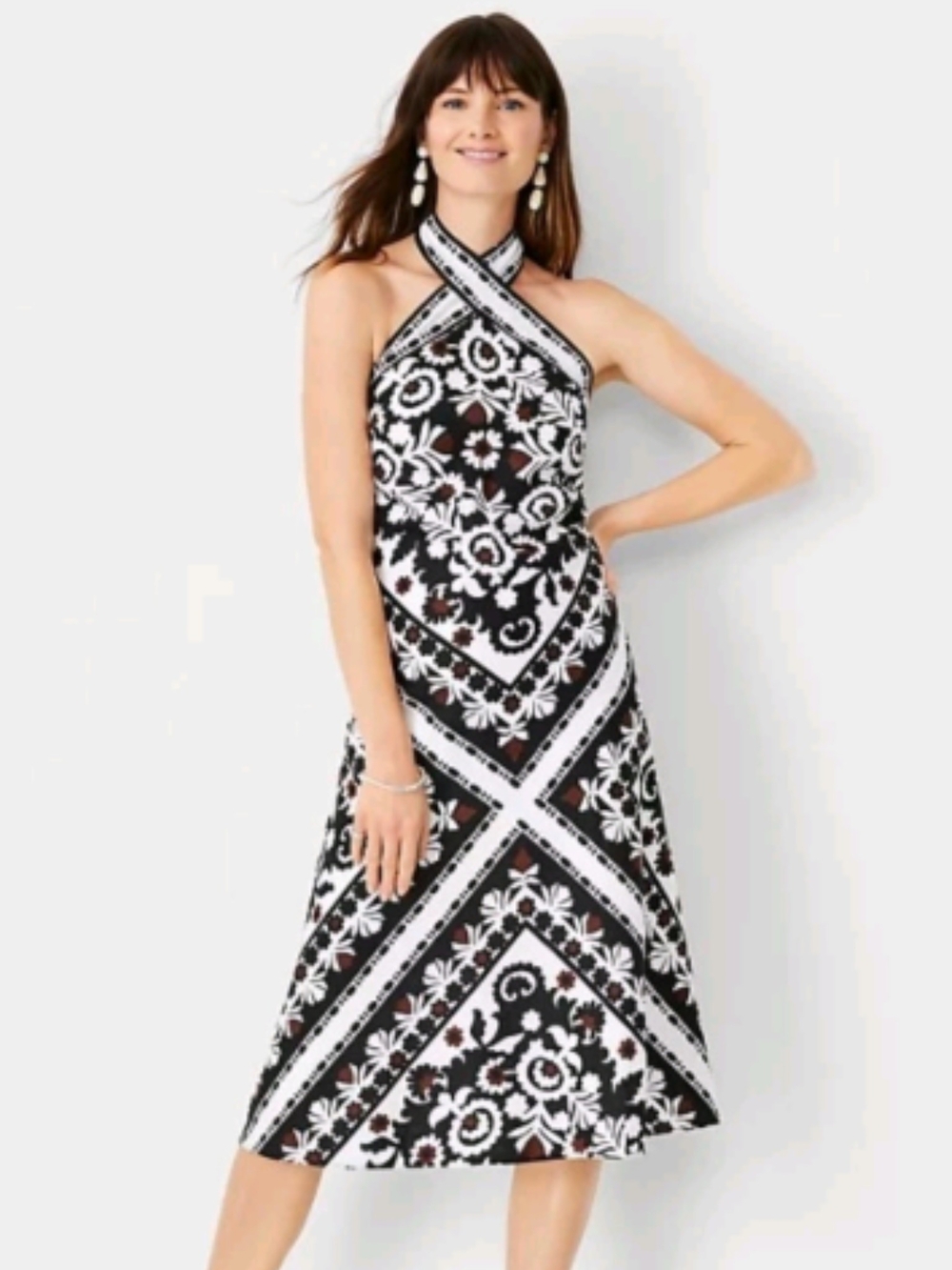 Ann Taylor 12P Black Baroque Scarf Print Halter Fit Flare Dress Linen Lined